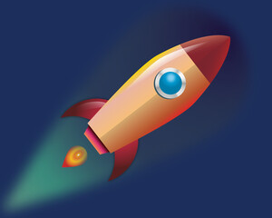 flat art style illustration of the rocket in the sky, with small window and flames