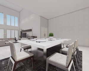 modern dining room design with luxurious white table and comfortable chair. Using carpet decoration. 3d rendering, 3d illustration.