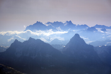 View over Swiss alps from Mount Rigi, Switzerland. Photo taken April 14th, 2021, Rigi Kulm, Switzerland.