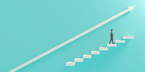 階段を上るビジネスマンと上昇矢印の3Dレンダリンググラフィックス / ビジネスの成功・ステップアップ・業績向上のコンセプトイメージ