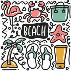 hand drawn beach holiday doodle set