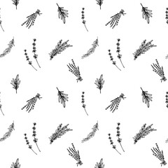 Rosemary and thyme herb and spice square seamless pattern on white background. Contour doodle line digital art. Print for fabric, kitchen, menu, restaurant, packaging, wrapping paper, brand
