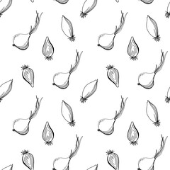 Onion herb and spice square seamless pattern on white background. Contour doodle line digital art. Print for fabric, kitchen, menu, restaurant, packaging, wrapping paper, brand