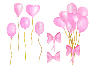 Watercolor pink balloons set. Bunch of air balloons with cute bows. Hand drawn oval and heart shaped balloons for kids, baby girl Birthday celebration. Party elements isolated on white background