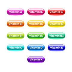 Multi Vitamin complex icons set. Multivitamin supplement, Vitamin A,B1, B2, B3, B5, B6, B9, B12, C, D, E, K, vector illustration. Diet  Science Infographic poster.