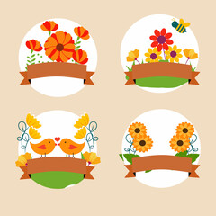 Collection Of Spring Sticker With Empty Ribbon Space For Message On Beige Background.