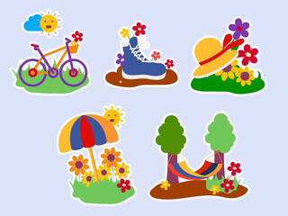 Colorful Spring Sticker Various On Blue Background.