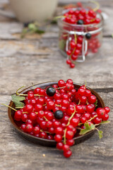 Close-up of   fresh raw currant berries on a plate