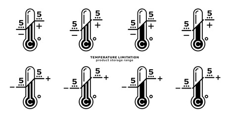 Product packaging labeling - temperature limitation. The thermometer sign with temperature values is a symbol for the storage range of the product. Vector elements. - obrazy, fototapety, plakaty