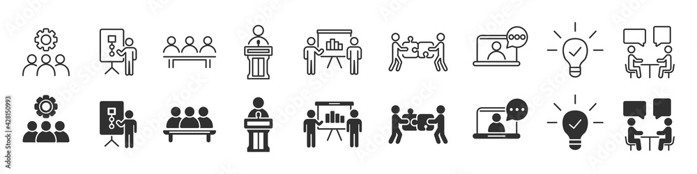 Aufkleber business training and workshop icons collection in two different styles