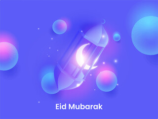 Shiny Crescent Moon Inside Arabic Lantern And 3D Balls Or Sphere On Blue Lights Effect Background For Eid Mubarak Concept.