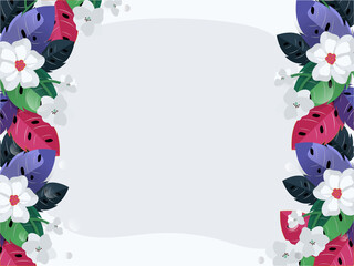 Colorful Flowers With Leaves Decorated Border On White Background.