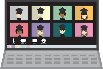 Virtual graduation flat design on laptop screen with graduation hats or caps and capes