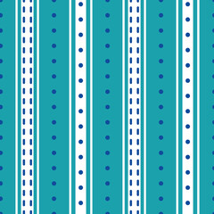 Vector stripes and polka dot seamless pattern background. Modern aqua blue white backdrop with shirting vertical stripe repeat in varying widths. Striped fabric style ticking design. All over print.