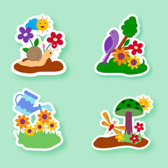 Sticker Style Floral Or Spring Set On Green Background.