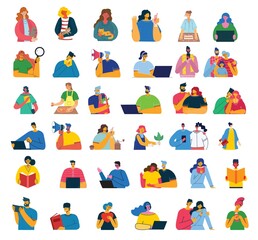 Set of people, men and women with different things. Vector graphic objects for collages and illustrations.