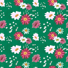 Seamless pattern with chrysanthemums,chamomile,daisy.Pink,white flowers on a green background. Vector Illustration