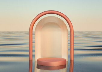 3D realistic luxury round podium on water sea