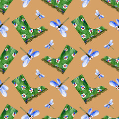 Garden spring seamless pattern with green rubber boots and cartoon dragonflies. Hand-drawn watercolor illustrations on a brown background. For flower markets, wallpaper, textiles, packaging.