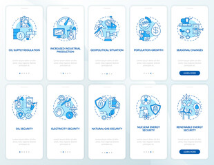 Energetic security onboarding mobile app page screen with concepts set. Types and costs factors walkthrough 5 steps graphic instructions. UI, UX, GUI vector template with linear color illustrations