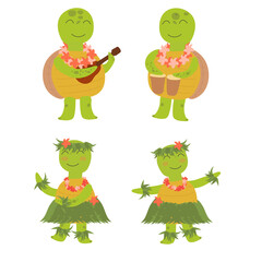 Cute hawaiian turtles. Boys play to music on ukulele and girls dancing hulu. Hawaiian character. Childrens illustration on white background. Design for card, print, book, kids story, childish decor.