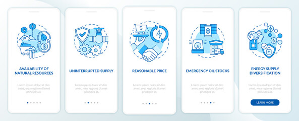 Energy safety components onboarding mobile app page screen with concepts. Uninterrupted supply walkthrough 5 steps graphic instructions. UI, UX, GUI vector template with linear color illustrations