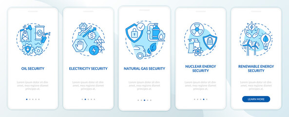 Fototapeta na wymiar Energy safety types onboarding mobile app page screen with concepts. Fuel, electricity security walkthrough 5 steps graphic instructions. UI, UX, GUI vector template with linear color illustrations