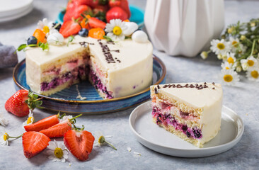 Fruit Cake and Tasty pastry. slice of cake. Raspberry cake. Devils cake. Wedding dessert. Birthday party. Delicious dessert.