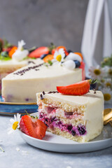 Fruit Cake and Tasty pastry. slice of cake. Raspberry cake. Devils cake. Wedding dessert. Birthday party. Delicious dessert.