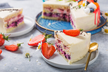 Fruit Cake and Tasty pastry. slice of cake. Raspberry cake. Devils cake. Wedding dessert. Birthday party. Delicious dessert.