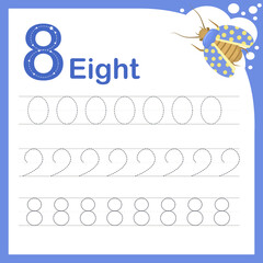 drawing line vector illustration of a children's task for learning numbers. A worksheet with the number eight. Handwriting training