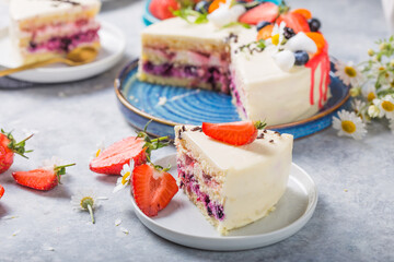 Fruit Cake and Tasty pastry. slice of cake. Raspberry cake. Devils cake. Wedding dessert. Birthday party. Delicious dessert.