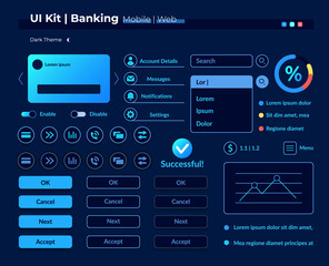 Online banking infographics UI elements kit. Financial data analysis isolated vector icon, bar and dashboard template. Web design widget collection for mobile application with dark theme interface