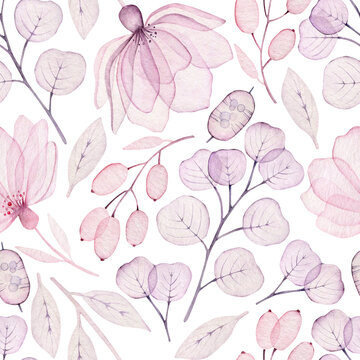 Watercolor seamless pattern with pink flowers