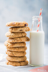 Freshly baked homemade vegan oatmeal cookies with cereals - flax seed, sesame and sunflower. Useful snack. Traditional breakfast. The concept of healthy eating. Selective Focus