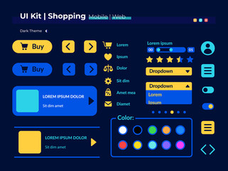 Shopping UI elements kit. Buyer account for online store isolated vector icon, bar and dashboard template. Web design widget collection for mobile application with dark theme interface