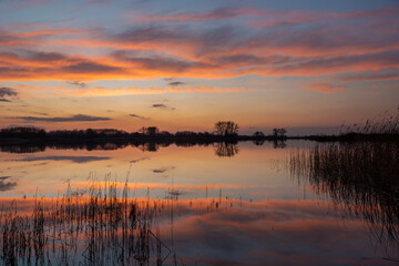 Mirror reflection of clouds in the lake water
