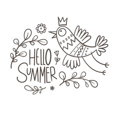 Greeting card with cute cartoon bird. Hello summer. Vector seasonal print. Funny doodle animal poster.