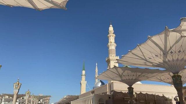 Madinah, Saudi Arabia- January 2021: Broll clips of Nabawi Mosque exterior at Madinah, Saudi Arabia. 30fps