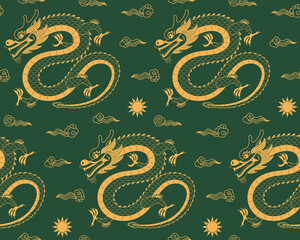 Traditional Chinese dragon flying, clouds, sun seamless pattern, gold on green background. Hand drawn vector illustration. Design concept for eastern style print, packaging, wrapping paper. Line art.