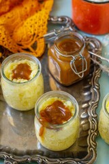 Sweet creamy rice pudding with caramel topping toffee