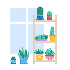 Set of trendy, vector, houseplants in pots for home on the shelves. Cacti on a rack isolated on a white background. Bright flat illustrations. Printing, fabric. textiles, interior. Vector illustration