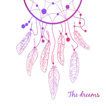 Vector dream catcher with feathers. Dreams. Vector illustration. Stock image. Contour image. Feathers. Gradient. White background.