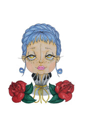 freehand drawing. portrait of cartoon girl with blue hair and roses