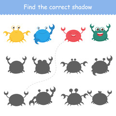 Isolated funny sea crabs. Set of freshwater aquarium cartoon crabs for print, child development, find the right shadow. Varieties of decorative colored animals. Vector illustration
