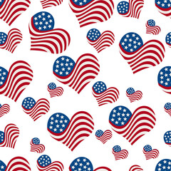 Illustration red, white and blue USA flag hearts pattern background that is seamless
