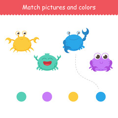 Isolated funny sea crabs. Set of freshwater aquarium cartoon crabs for print, kids development, find the right color. Varieties of decorative colored animals. Vector illustration
