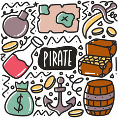 hand drawn pirate doodle set