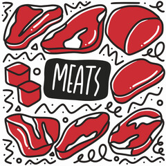 hand drawn raw meat doodle set