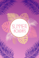 Summer holidays, poster in purple tones, summer vacation, travel. Vector illustration.